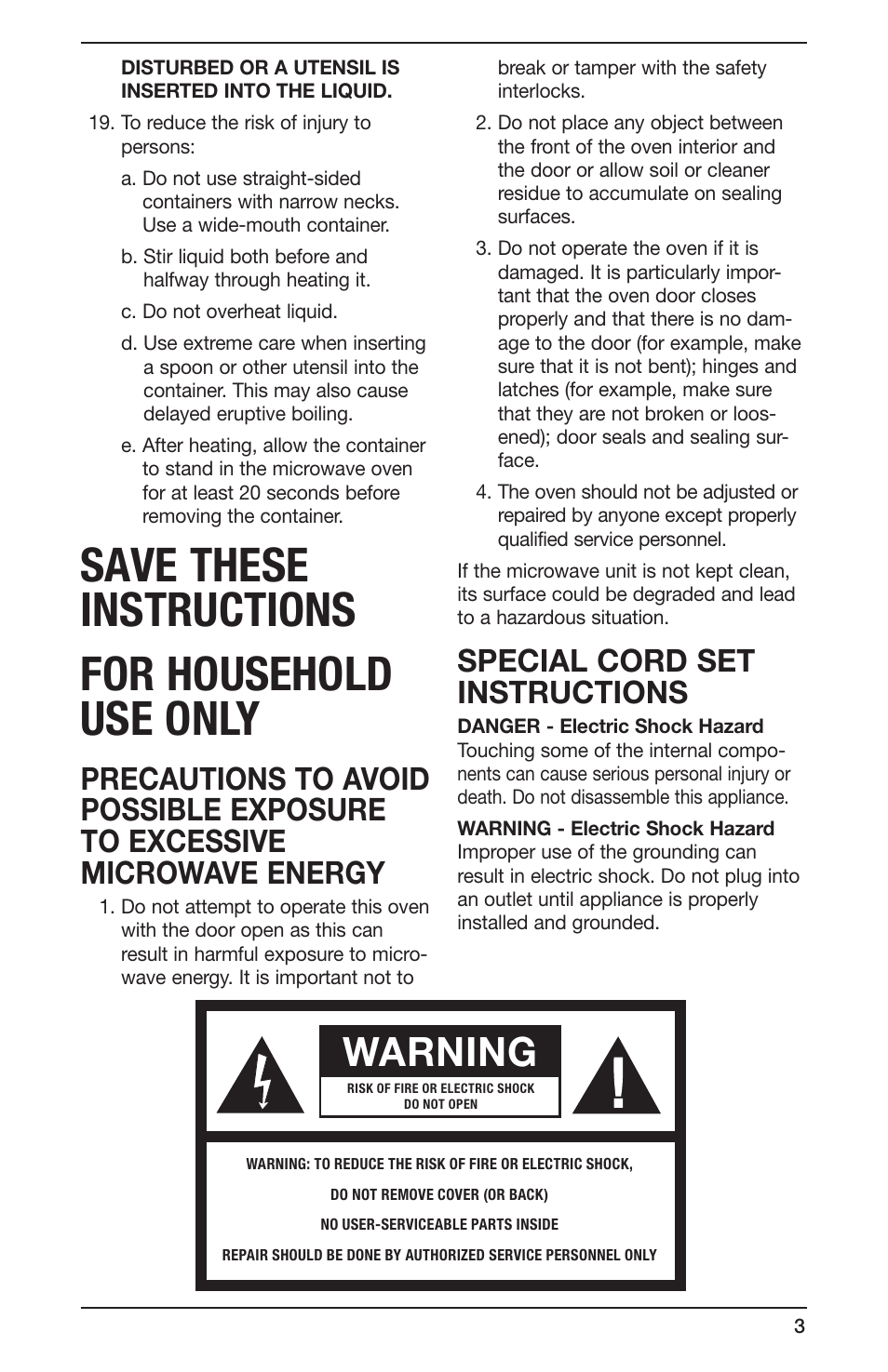 Save these instructions for household use only, Warning, Special cord set instructions | Cuisinart CMW-55 Series User Manual | Page 3 / 41