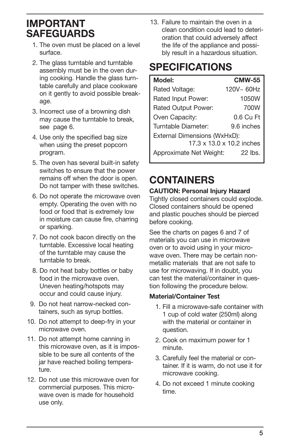 Important safeguards, Specifications containers | Cuisinart CMW-55 Series User Manual | Page 5 / 41