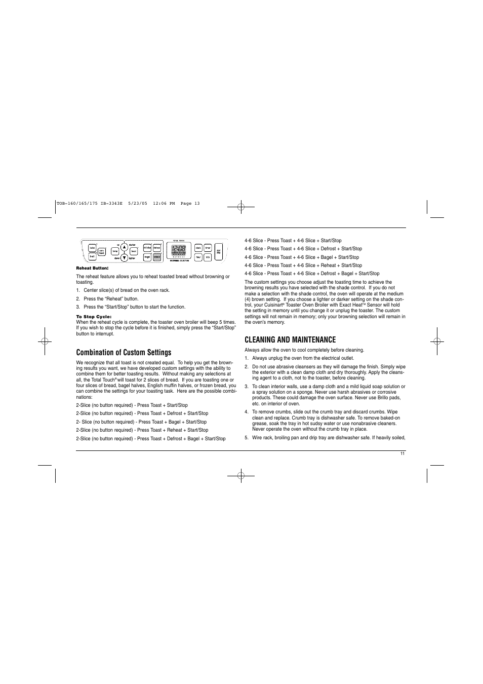 Combination of custom settings, Cleaning and maintenance | Cuisinart TOB Series User Manual | Page 12 / 27
