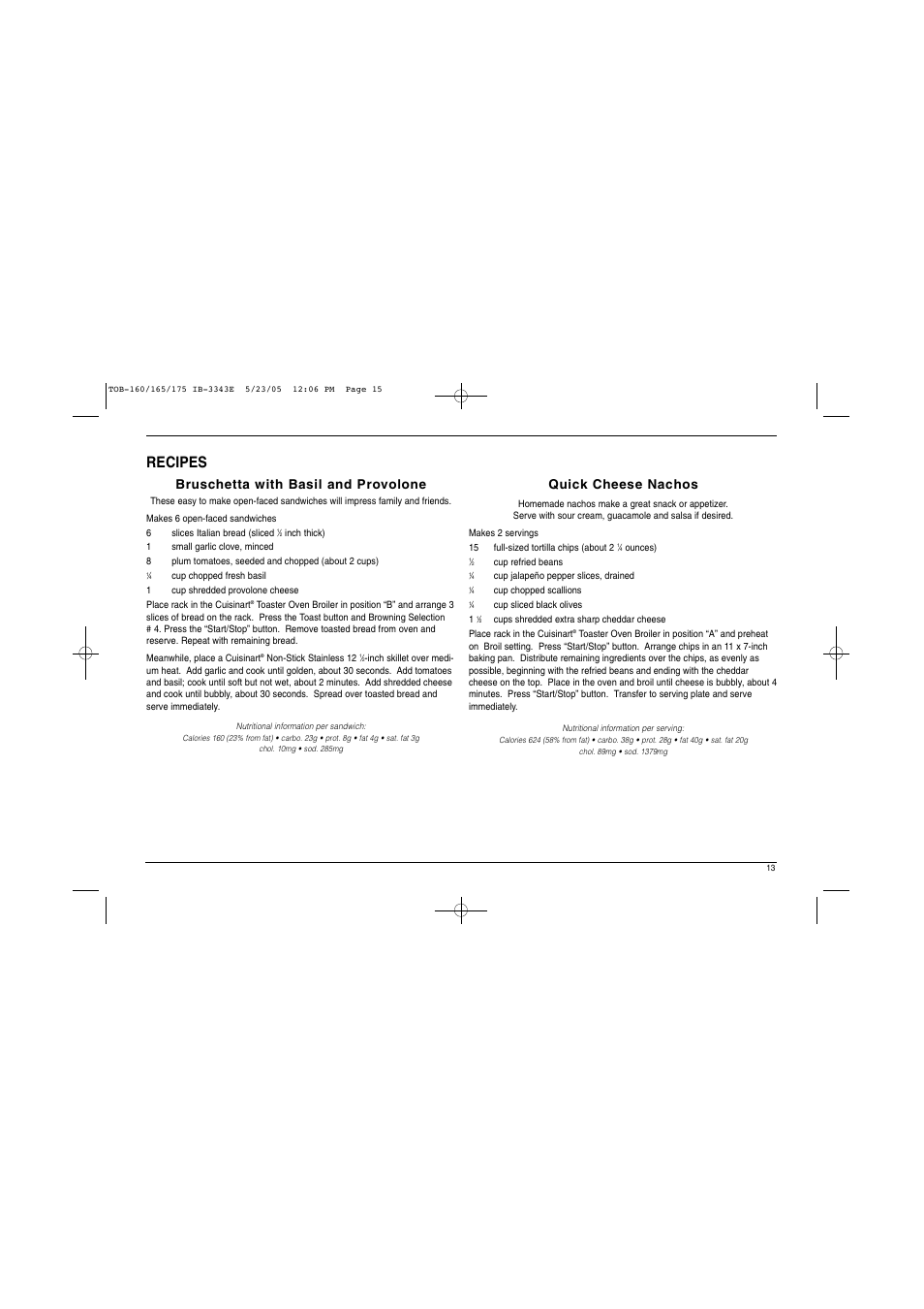 Recipes, Bruschetta with basil and provolone, Quick cheese nachos | Cuisinart TOB Series User Manual | Page 14 / 27
