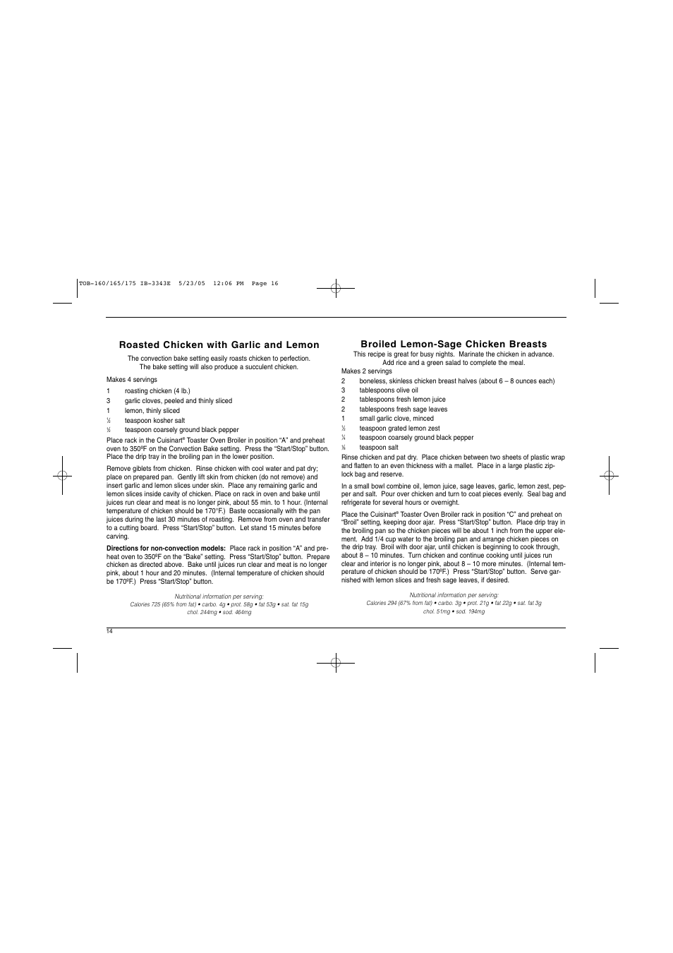 Roasted chicken with garlic and lemon, Broiled lemon-sage chicken breasts | Cuisinart TOB Series User Manual | Page 15 / 27