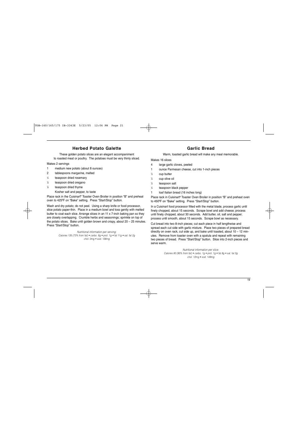 Herbed potato galette, Garlic bread | Cuisinart TOB Series User Manual | Page 20 / 27