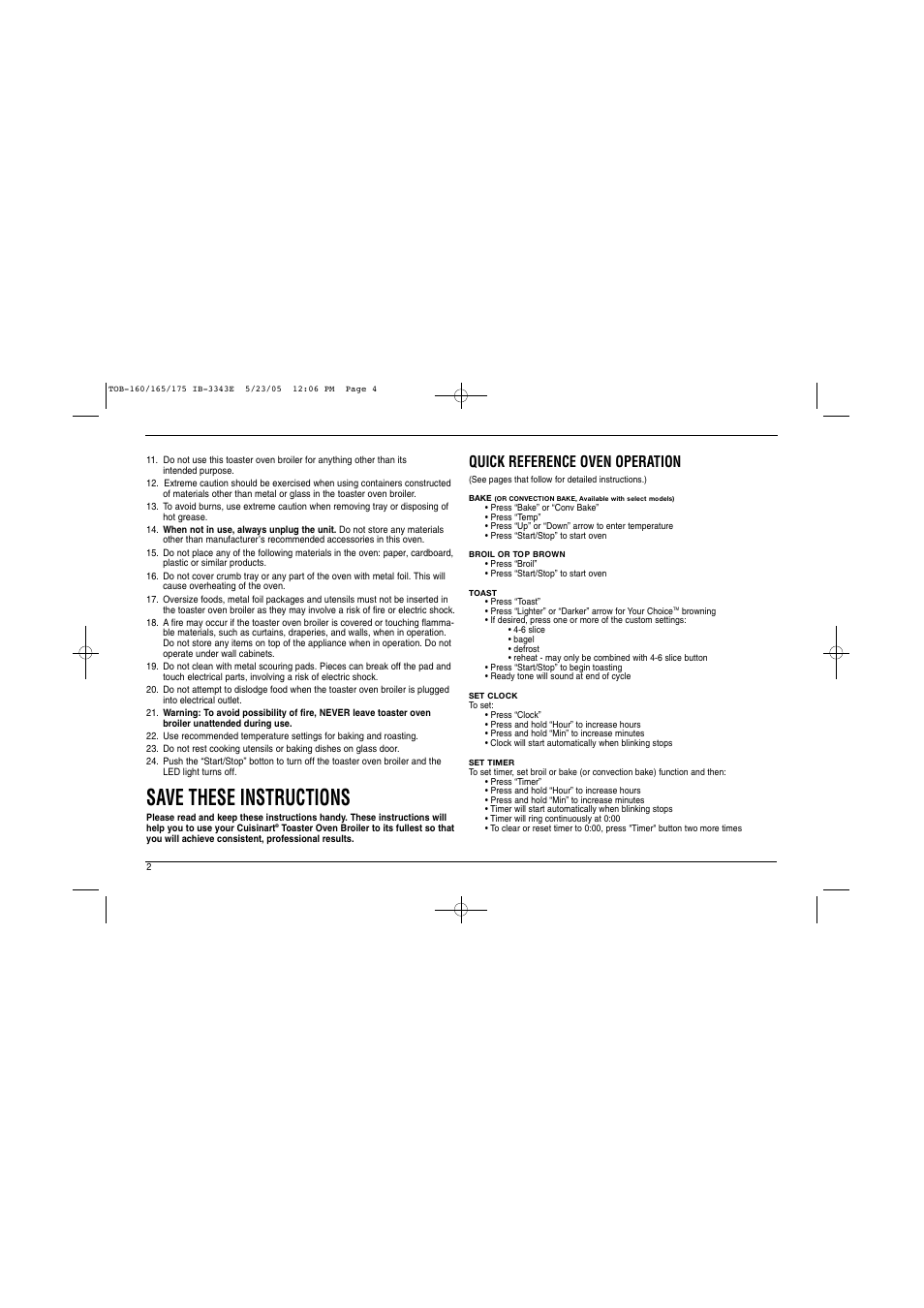 Save these instructions, Quick reference oven operation | Cuisinart TOB Series User Manual | Page 3 / 27