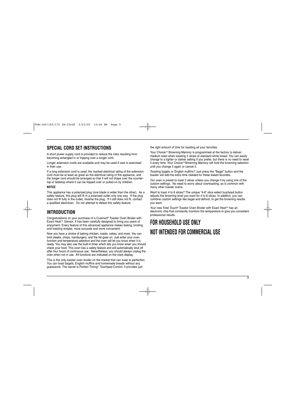 Special cord set instructions, Introduction | Cuisinart TOB Series User Manual | Page 4 / 27