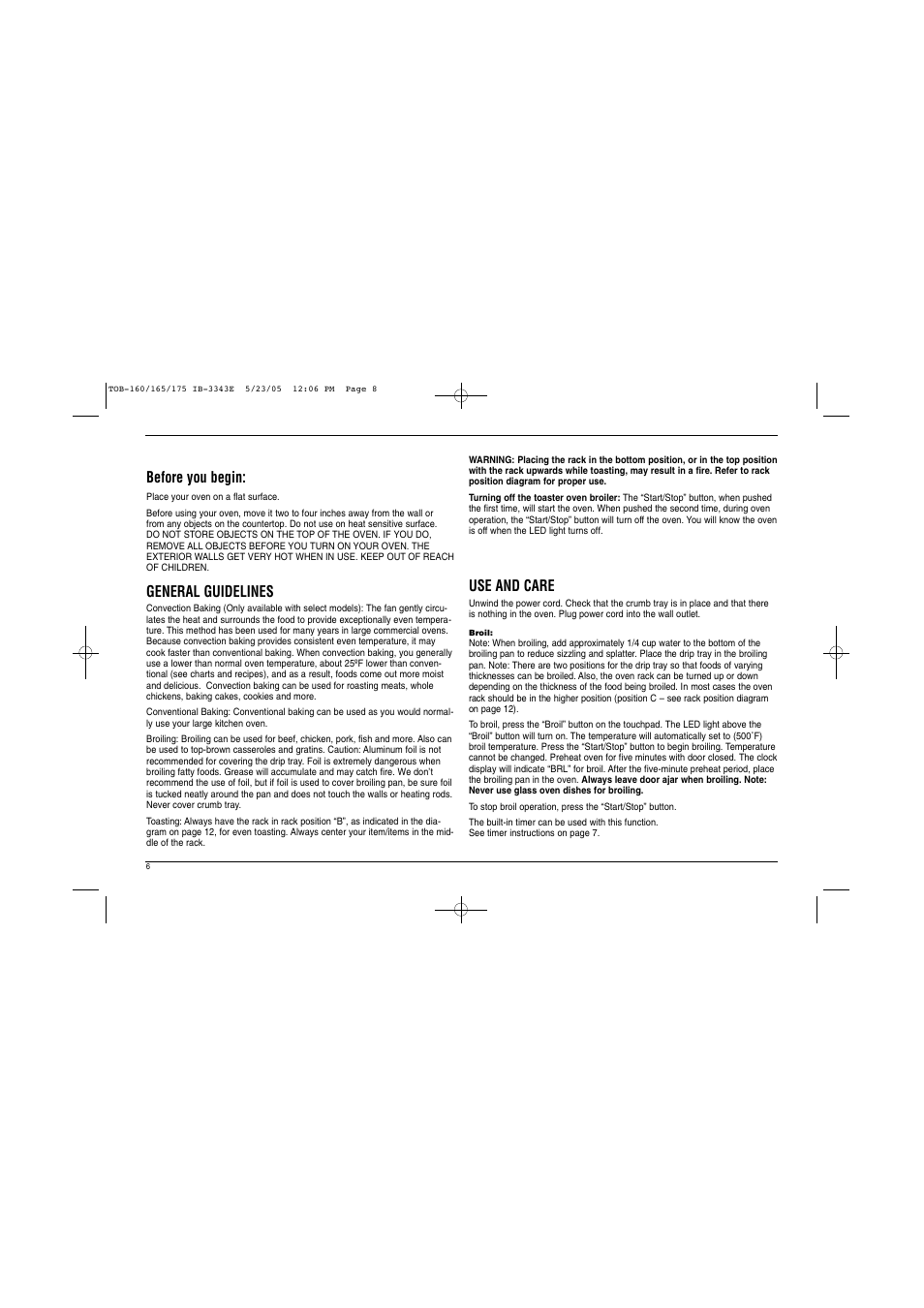 Before you begin, General guidelines, Use and care | Cuisinart TOB Series User Manual | Page 7 / 27