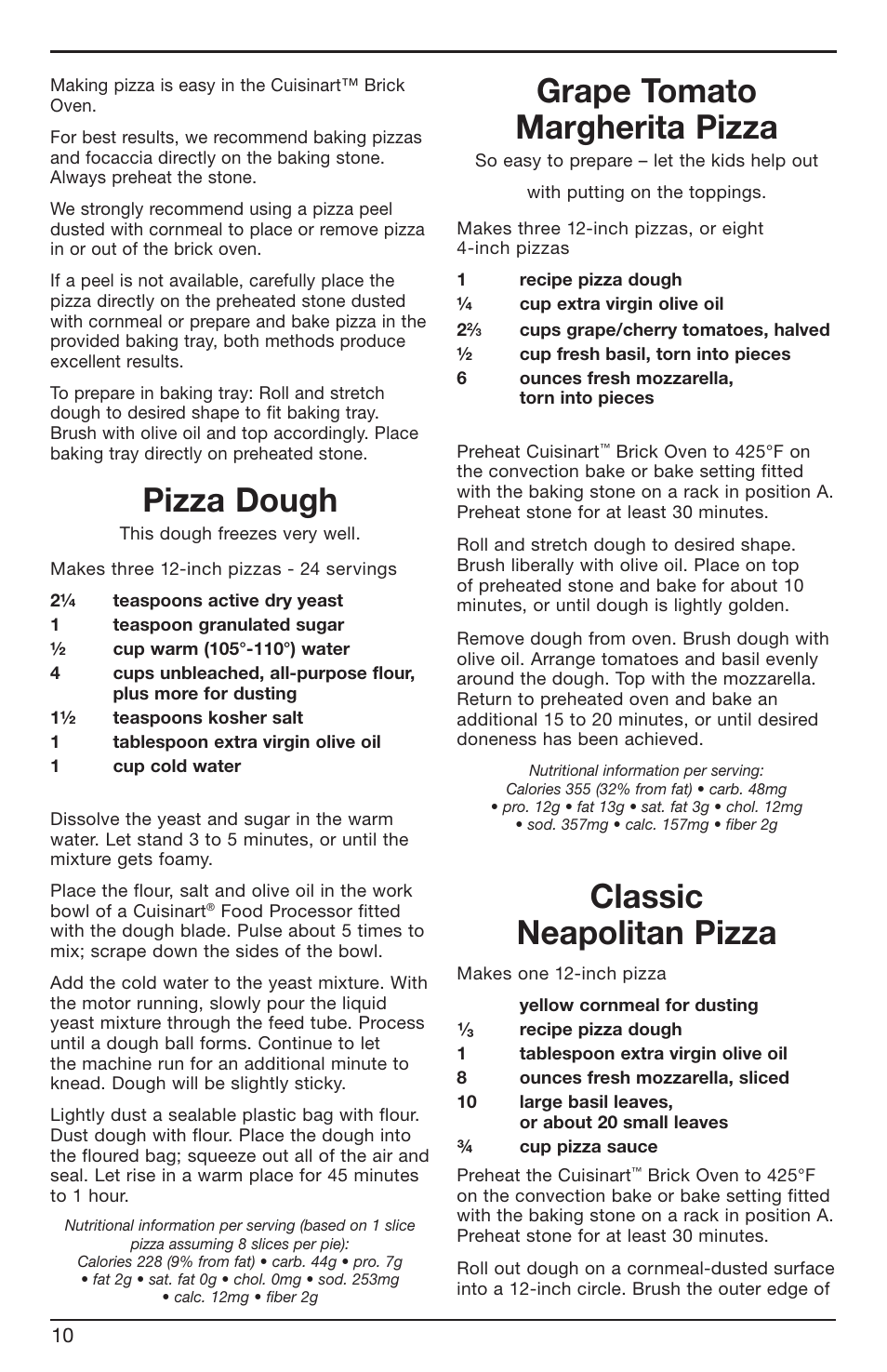 Pizza dough, Grape tomato margherita pizza, Classic neapolitan pizza | Cuisinart BRK Series User Manual | Page 10 / 20