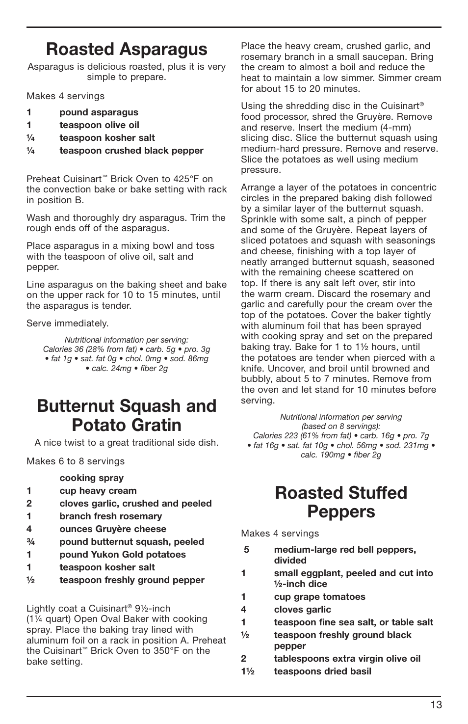 Roasted asparagus, Butternut squash and potato gratin, Roasted stuffed peppers | Cuisinart BRK Series User Manual | Page 13 / 20