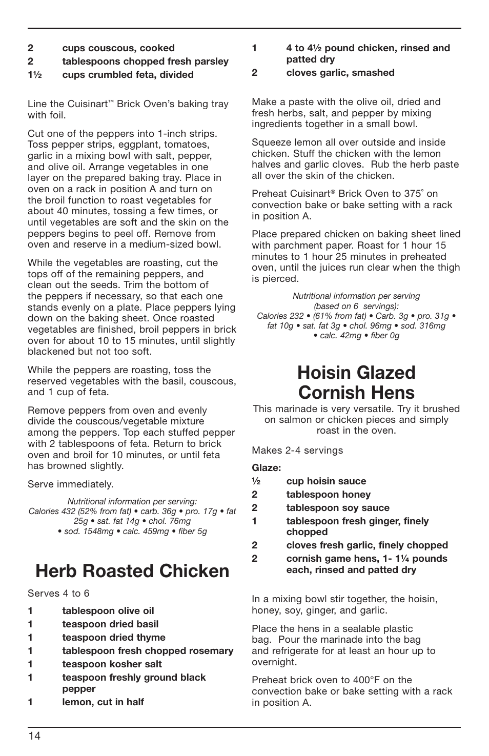 Herb roasted chicken, Hoisin glazed cornish hens | Cuisinart BRK Series User Manual | Page 14 / 20