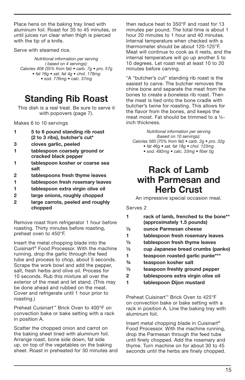 Standing rib roast, Rack of lamb with parmesan and herb crust | Cuisinart BRK Series User Manual | Page 15 / 20