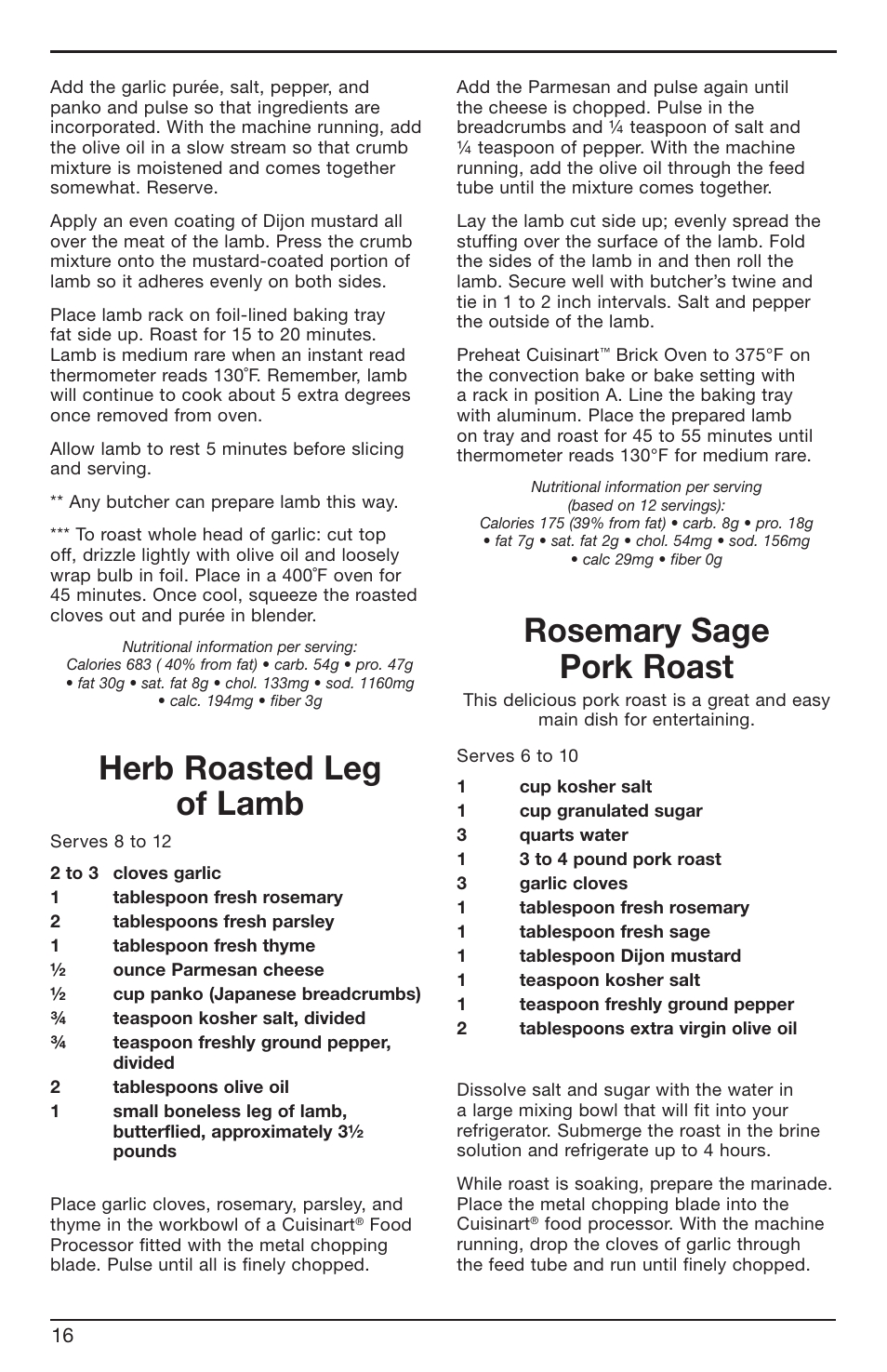 Herb roasted leg of lamb, Rosemary sage pork roast | Cuisinart BRK Series User Manual | Page 16 / 20