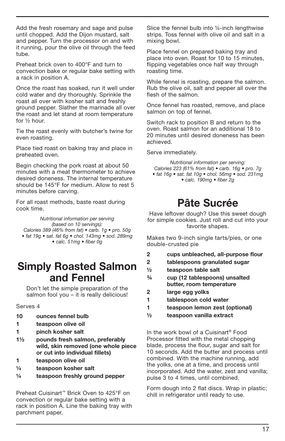 Simply roasted salmon and fennel, Pâte sucrée | Cuisinart BRK Series User Manual | Page 17 / 20