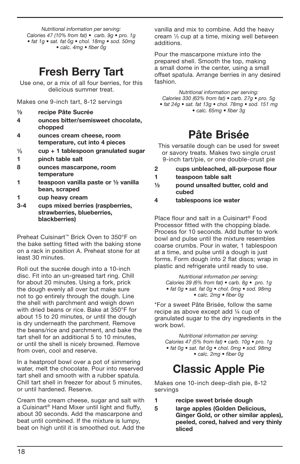 Fresh berry tart, Pâte brisée, Classic apple pie | Cuisinart BRK Series User Manual | Page 18 / 20