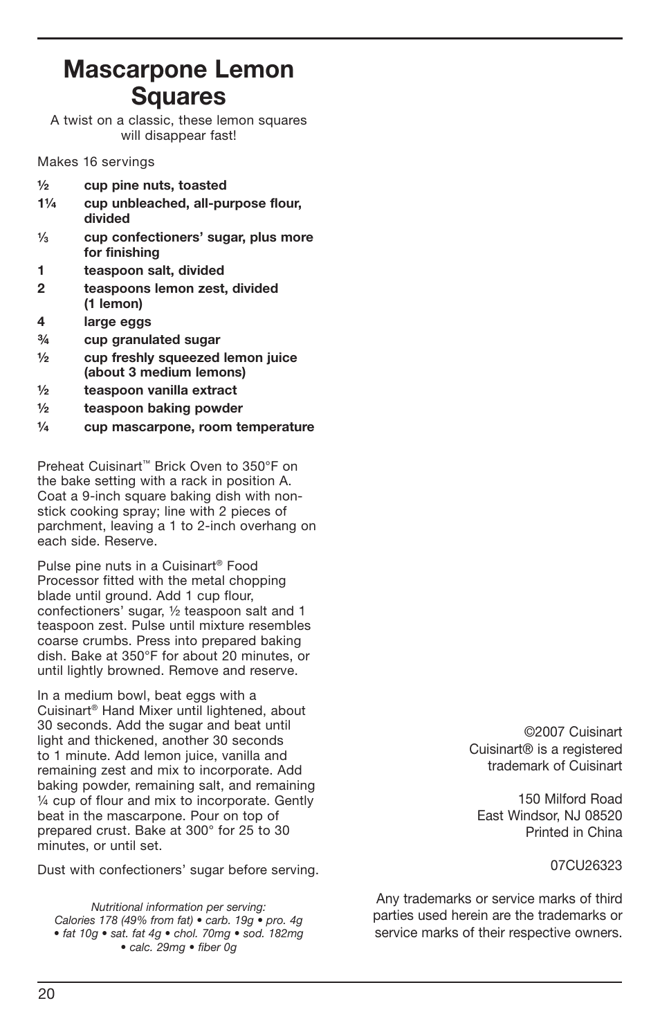 Mascarpone lemon squares | Cuisinart BRK Series User Manual | Page 20 / 20