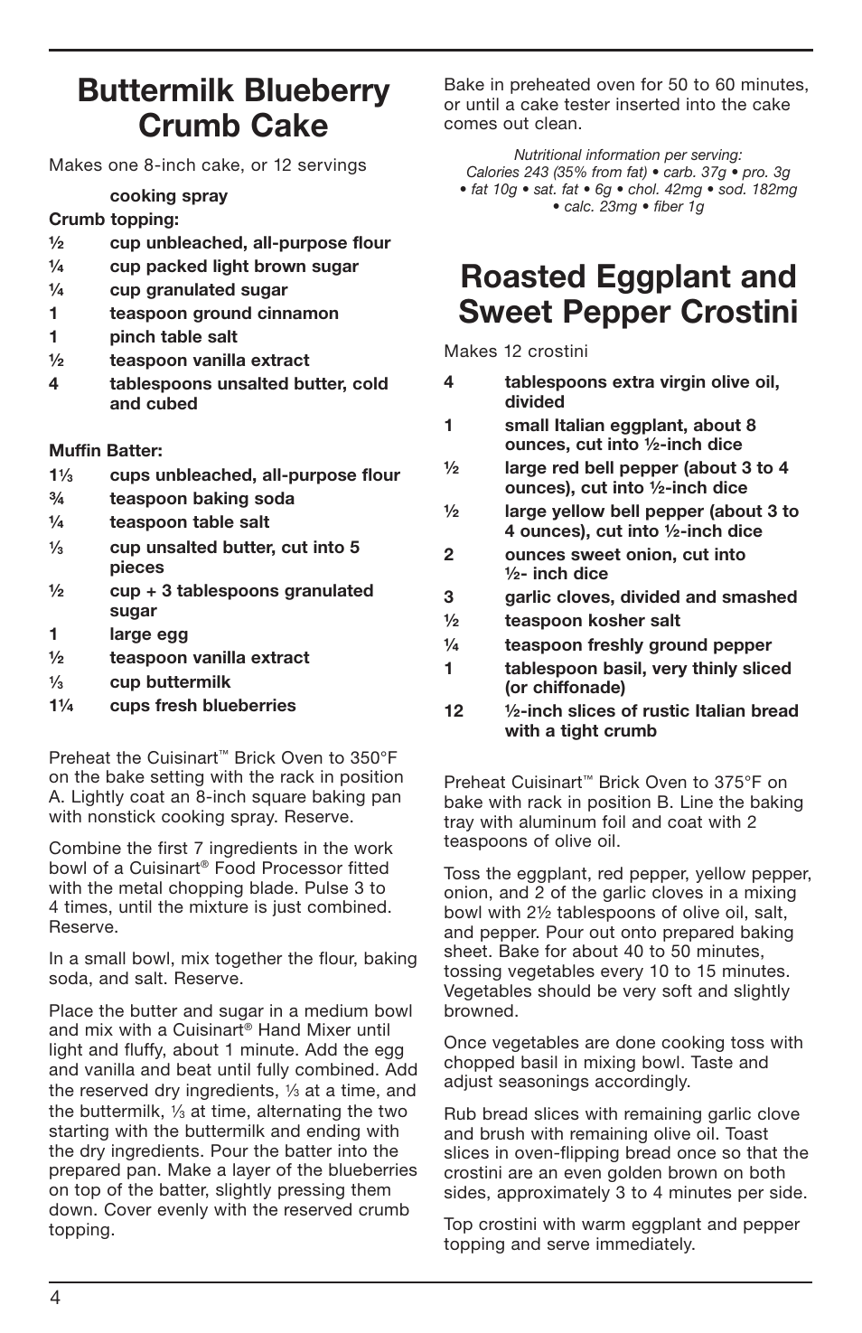 Buttermilk blueberry crumb cake, Roasted eggplant and sweet pepper crostini | Cuisinart BRK Series User Manual | Page 4 / 20