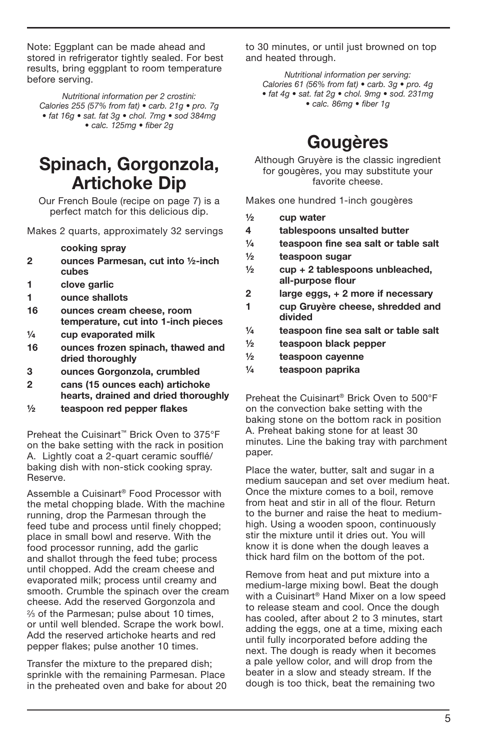 Spinach, gorgonzola, artichoke dip, Gougères | Cuisinart BRK Series User Manual | Page 5 / 20