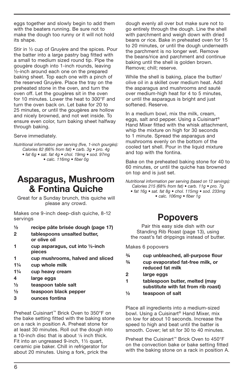 Asparagus, mushroom & fontina quiche, Popovers | Cuisinart BRK Series User Manual | Page 6 / 20