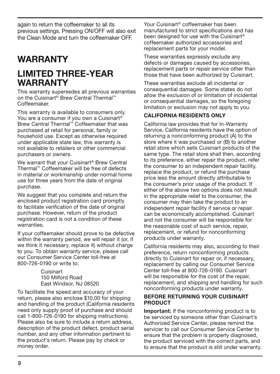 Warranty limited three-year warranty | Cuisinart DCC-2400STR User Manual | Page 10 / 11