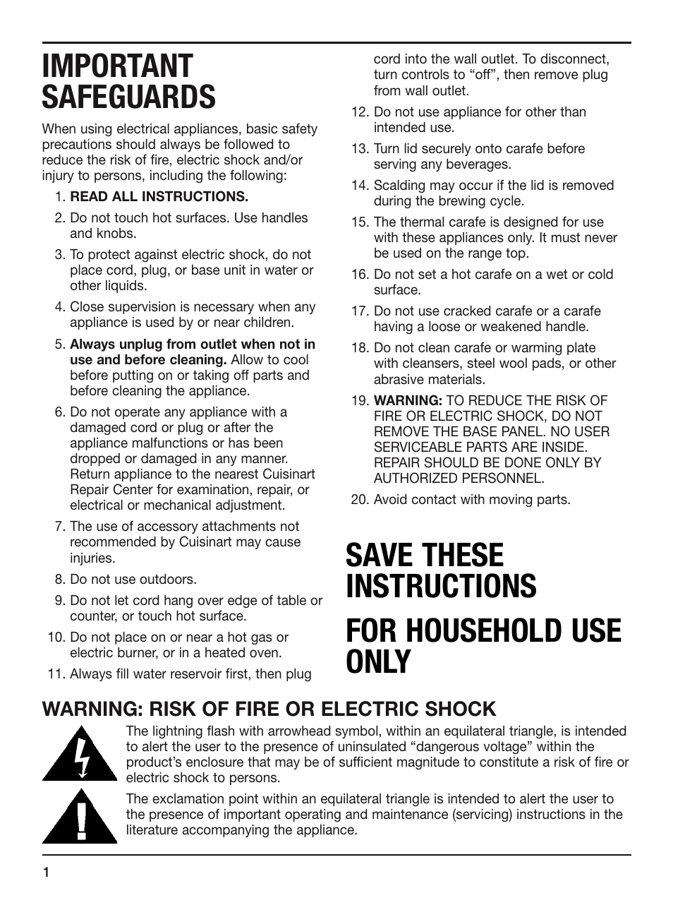 Important safeguards, Save these instructions for household use only, Warning: risk of fire or electric shock | Cuisinart DCC-2400STR User Manual | Page 2 / 11