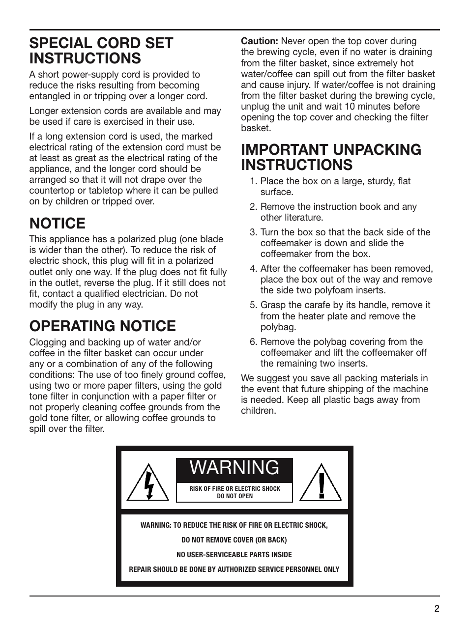Warning, Special cord set instructions, Notice | Operating notice, Important unpacking instructions | Cuisinart DCC-2400STR User Manual | Page 3 / 11