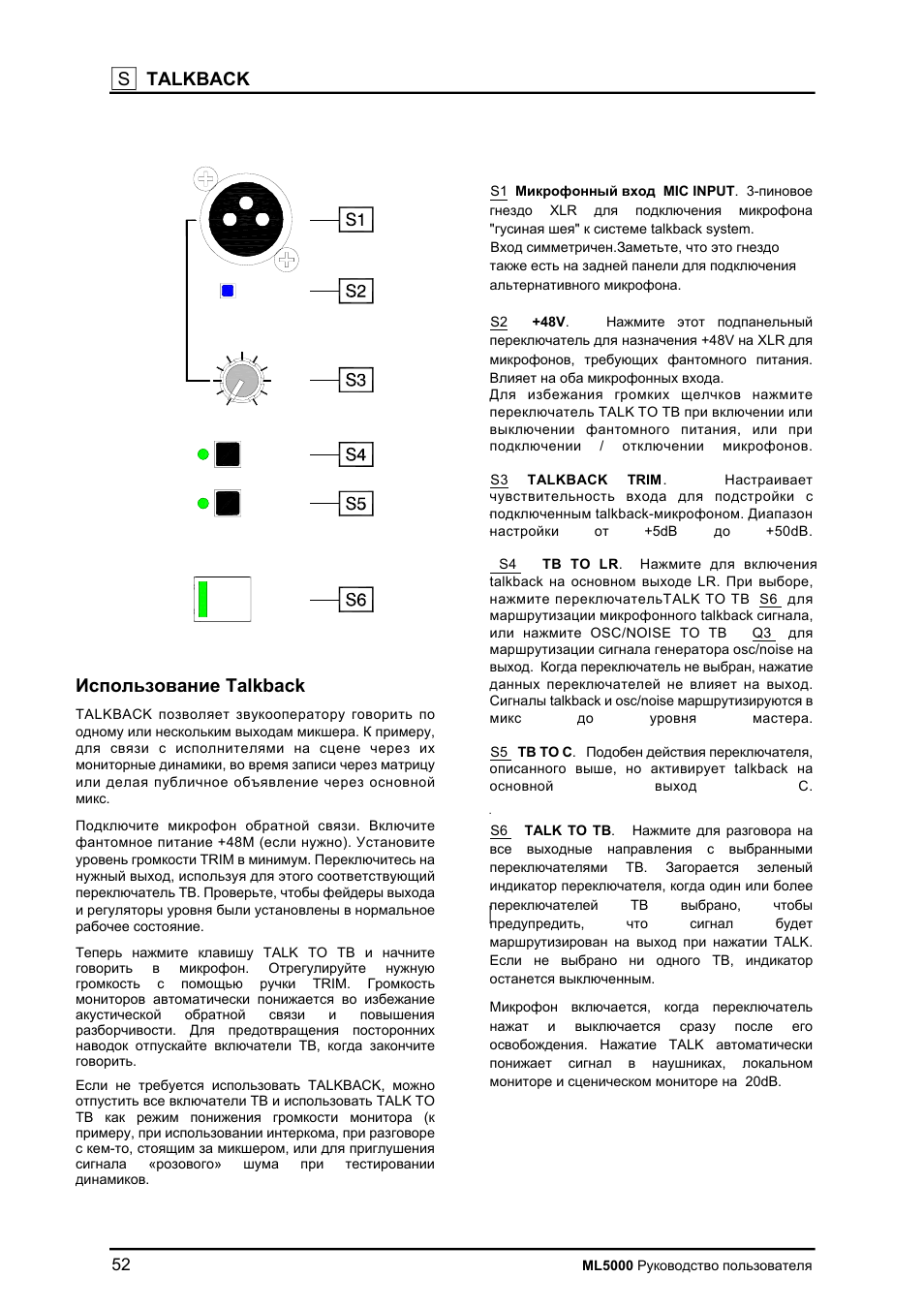 S talkback, Talkback | Allen&Heath ML5000 User Manual | Page 52 / 60