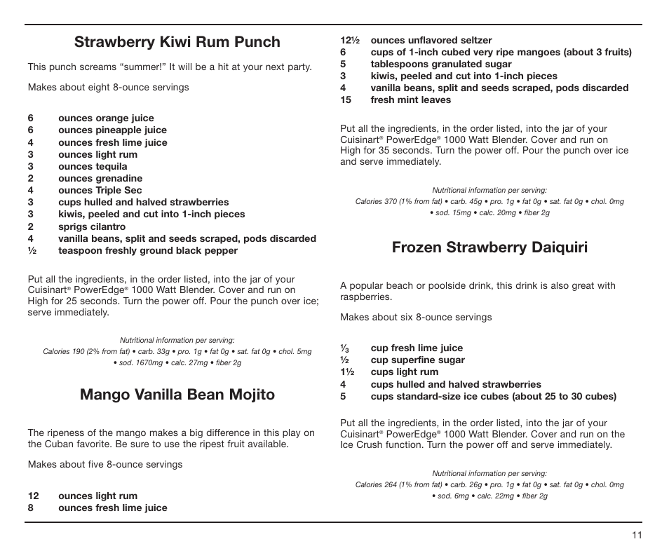 Strawberry kiwi rum punch, Mango vanilla bean mojito, Frozen strawberry daiquiri | Cuisinart PowerEdge CBT-1000 Series User Manual | Page 11 / 29
