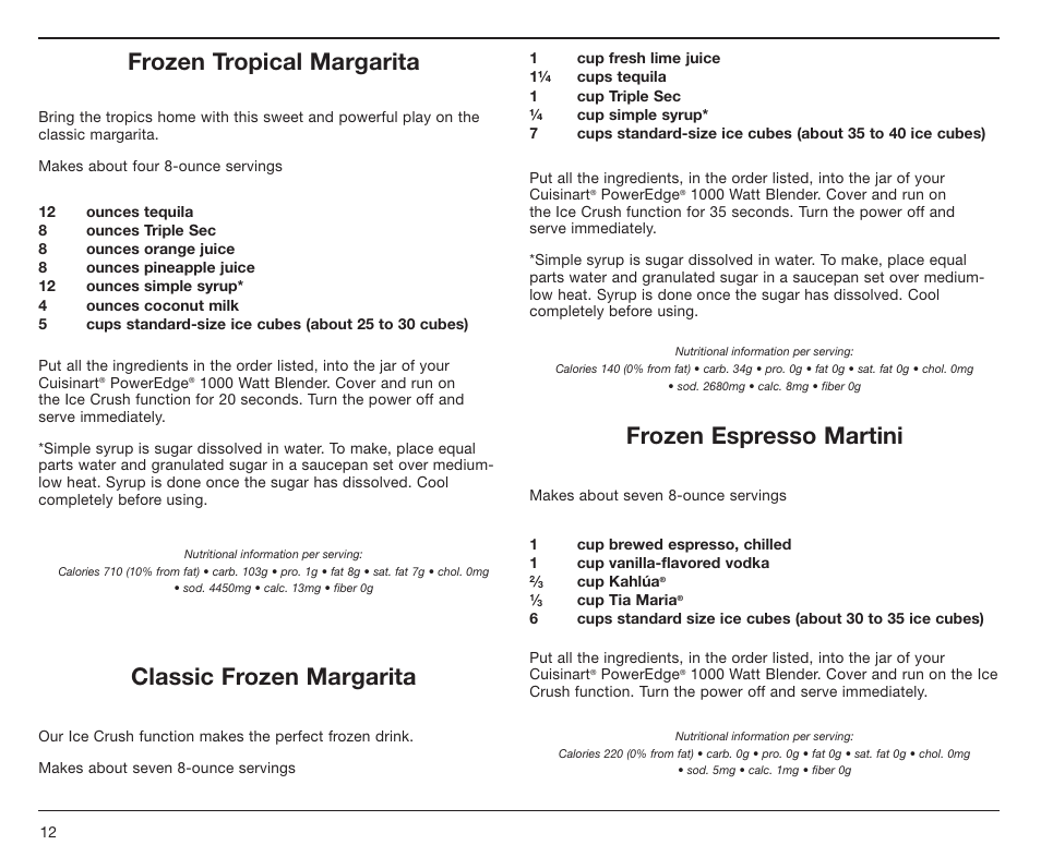 Frozen tropical margarita, Classic frozen margarita, Frozen espresso martini | Cuisinart PowerEdge CBT-1000 Series User Manual | Page 12 / 29