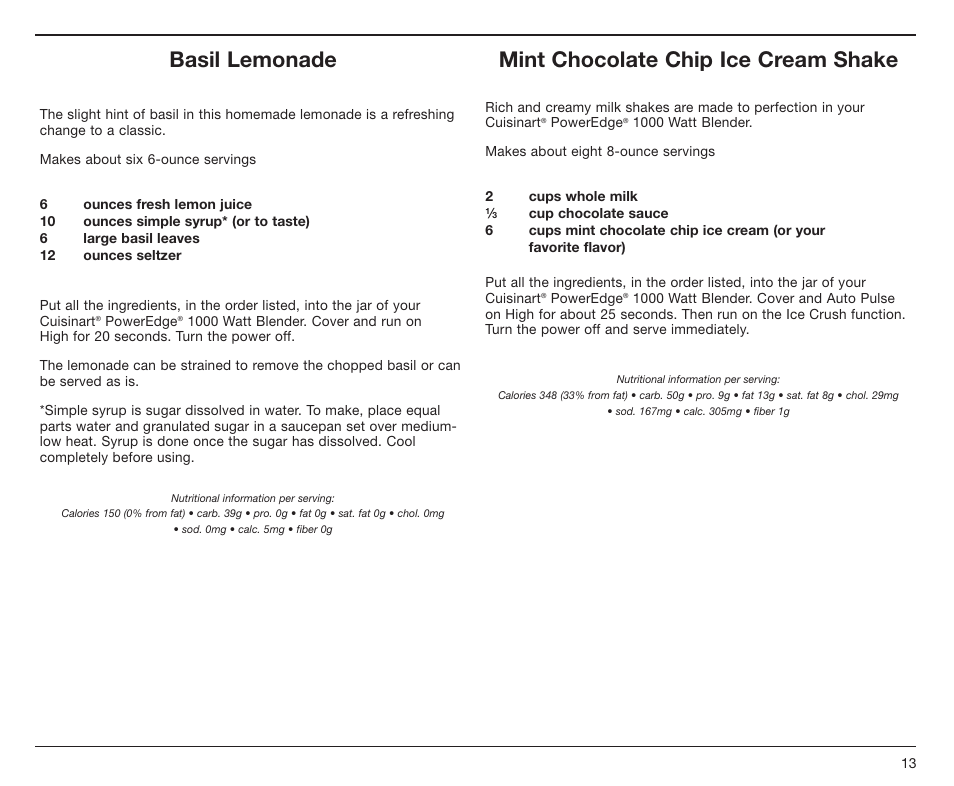 Basil lemonade, Mint chocolate chip ice cream shake | Cuisinart PowerEdge CBT-1000 Series User Manual | Page 13 / 29