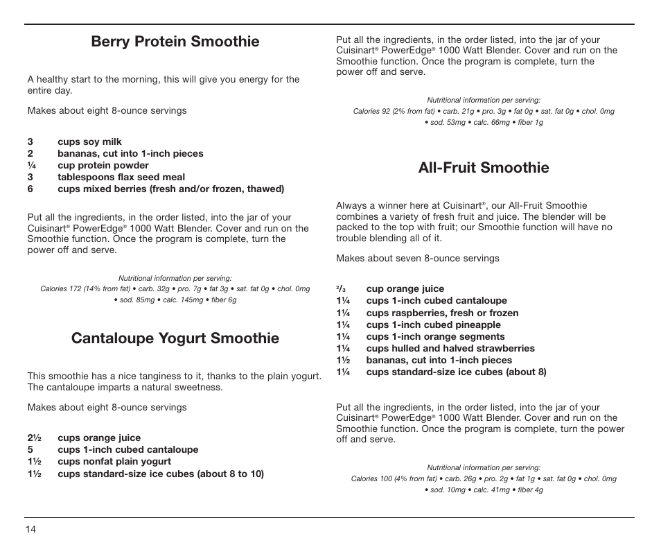 Berry protein smoothie, Cantaloupe yogurt smoothie, All-fruit smoothie | Cuisinart PowerEdge CBT-1000 Series User Manual | Page 14 / 29