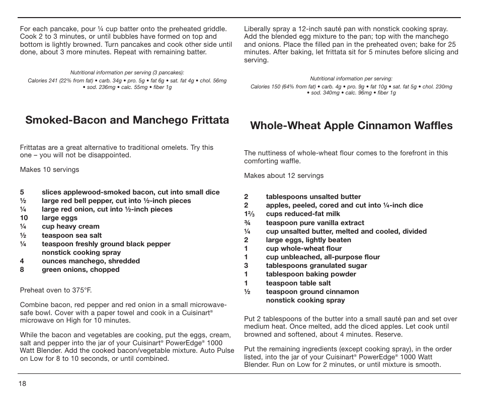 Smoked-bacon and manchego frittata, Whole-wheat apple cinnamon waffles | Cuisinart PowerEdge CBT-1000 Series User Manual | Page 18 / 29