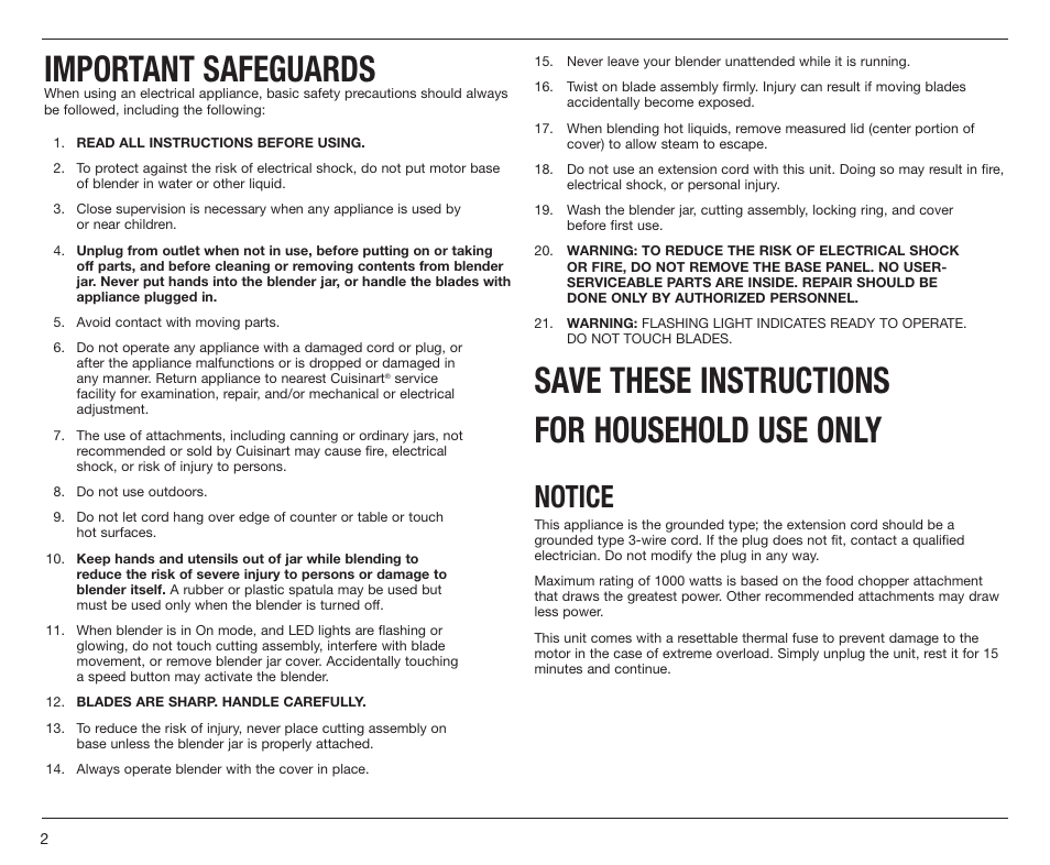 Important safeguards, Save these instructions for household use only, Notice | Cuisinart PowerEdge CBT-1000 Series User Manual | Page 2 / 29