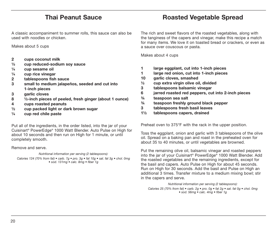 Thai peanut sauce, Roasted vegetable spread | Cuisinart PowerEdge CBT-1000 Series User Manual | Page 20 / 29