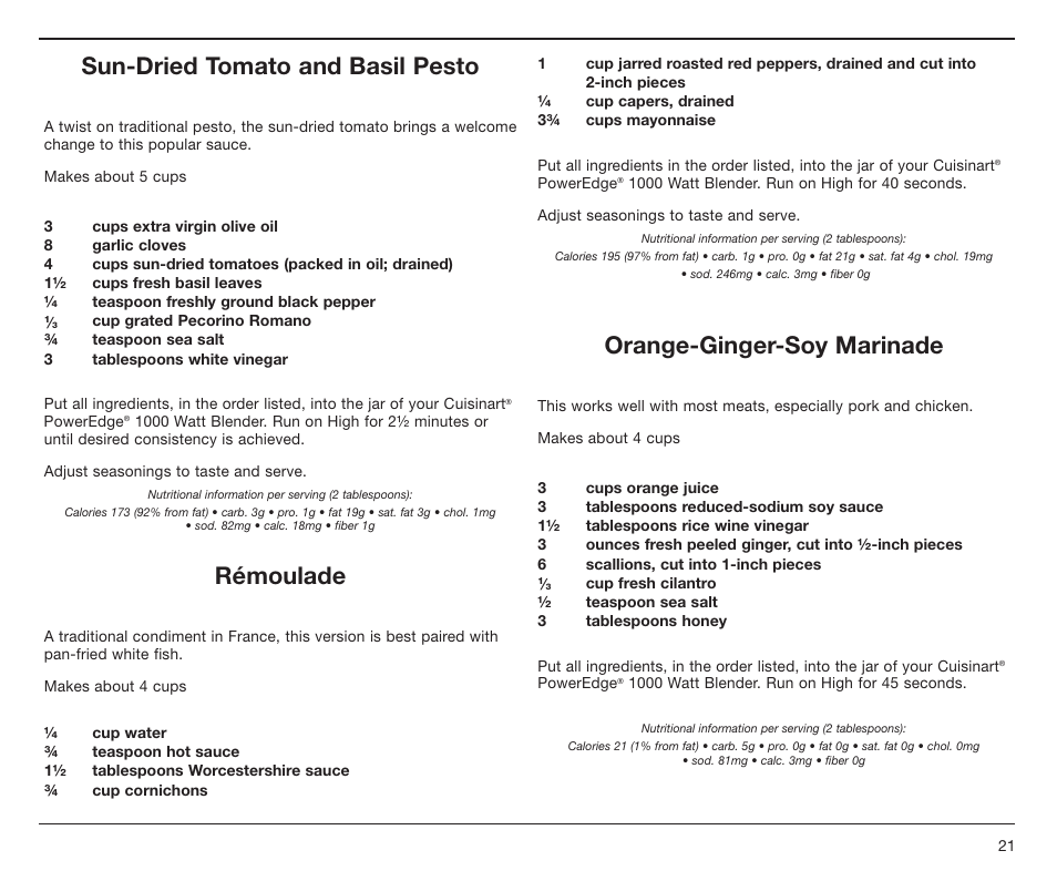 Sun-dried tomato and basil pesto, Rémoulade, Orange-ginger-soy marinade | Cuisinart PowerEdge CBT-1000 Series User Manual | Page 21 / 29