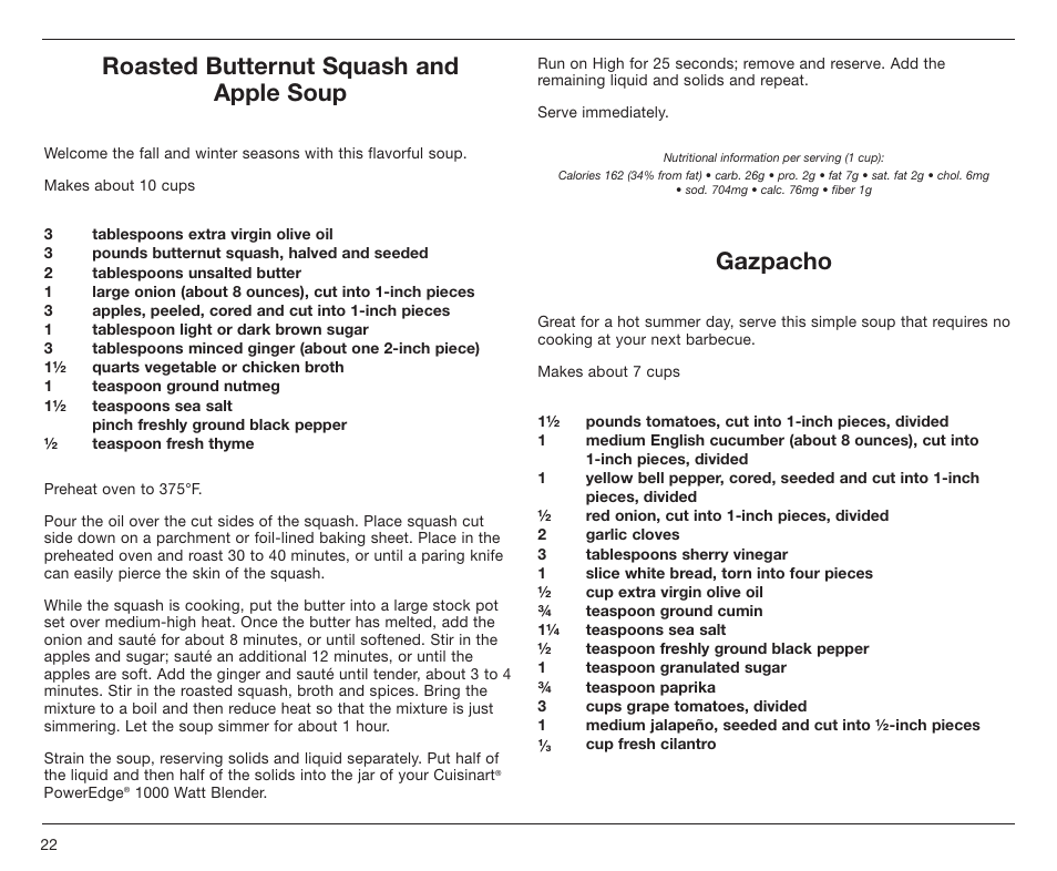 Roasted butternut squash and apple soup, Gazpacho | Cuisinart PowerEdge CBT-1000 Series User Manual | Page 22 / 29