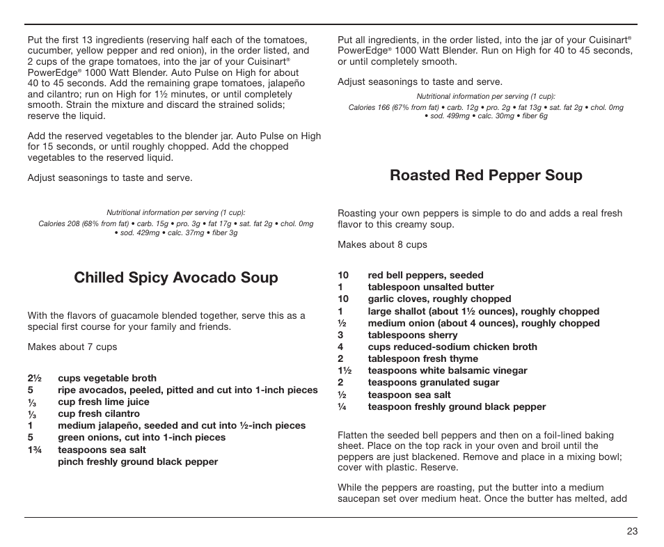 Chilled spicy avocado soup, Roasted red pepper soup | Cuisinart PowerEdge CBT-1000 Series User Manual | Page 23 / 29