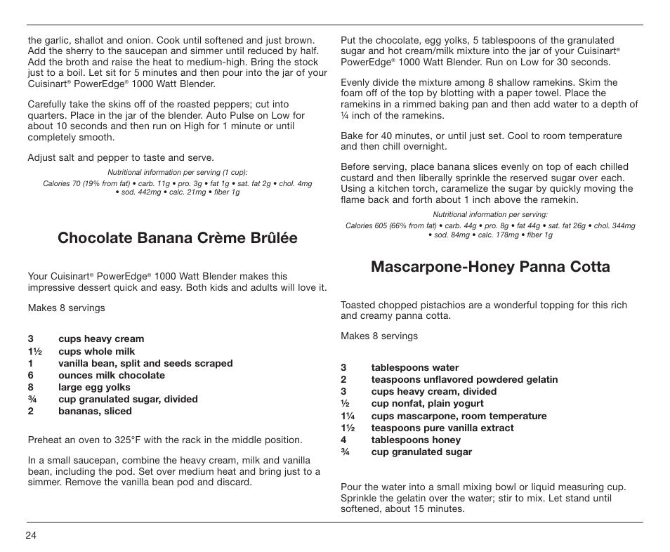 Chocolate banana crème brûlée, Mascarpone-honey panna cotta | Cuisinart PowerEdge CBT-1000 Series User Manual | Page 24 / 29