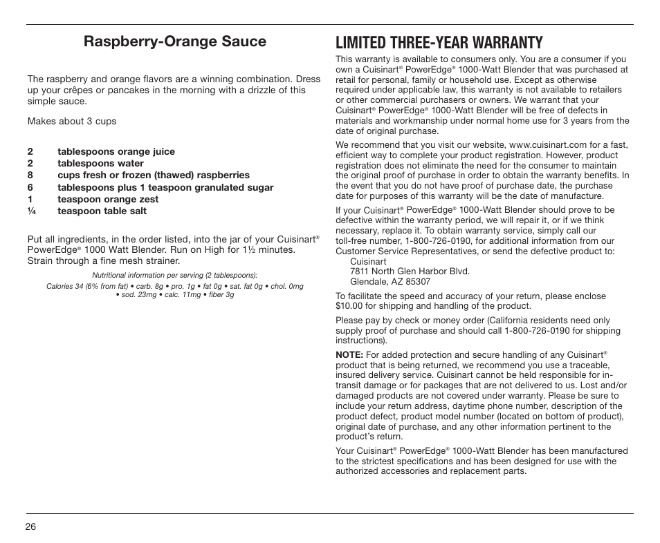 Limited three-year warranty, Raspberry-orange sauce | Cuisinart PowerEdge CBT-1000 Series User Manual | Page 26 / 29