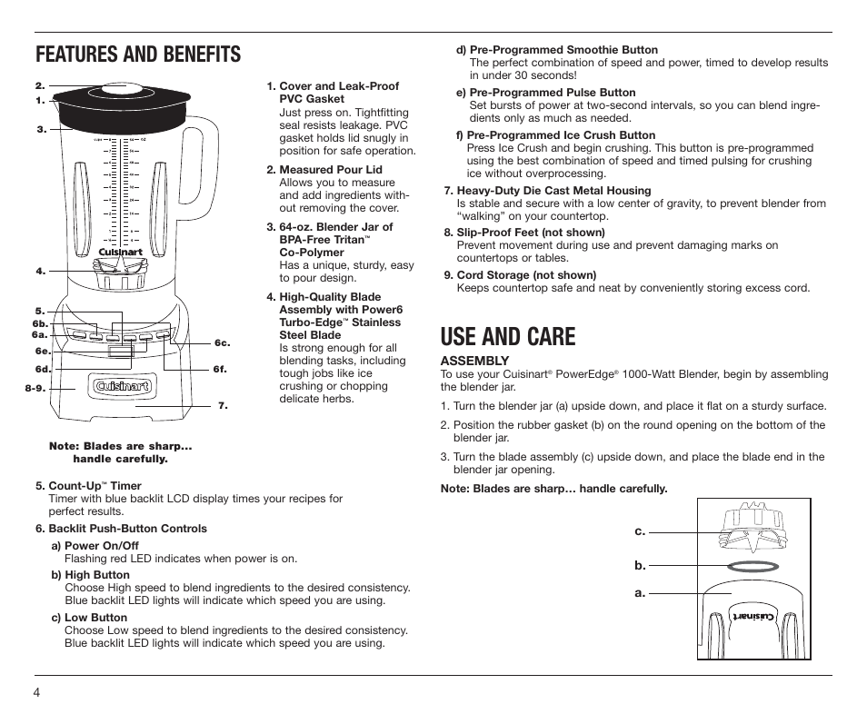 Use and care, Features and benefits | Cuisinart PowerEdge CBT-1000 Series User Manual | Page 4 / 29