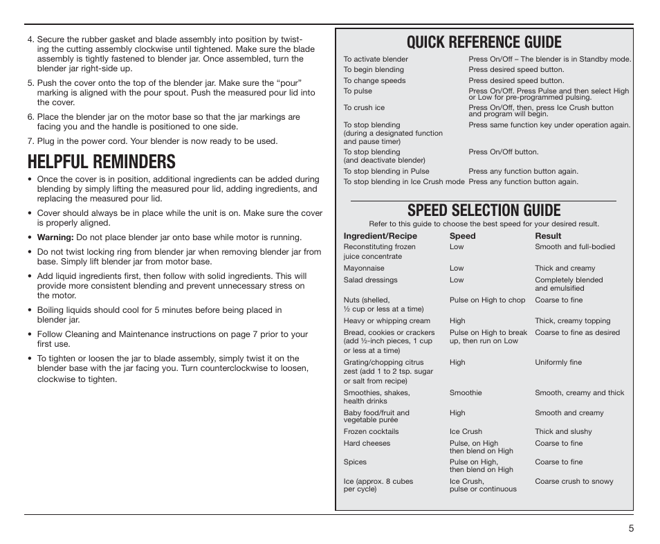 Helpful reminders, Quick reference guide, Speed selection guide | Cuisinart PowerEdge CBT-1000 Series User Manual | Page 5 / 29