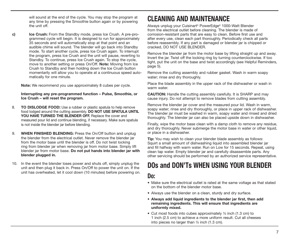 Cleaning and maintenance, Dos and don’ts when using your blender | Cuisinart PowerEdge CBT-1000 Series User Manual | Page 7 / 29