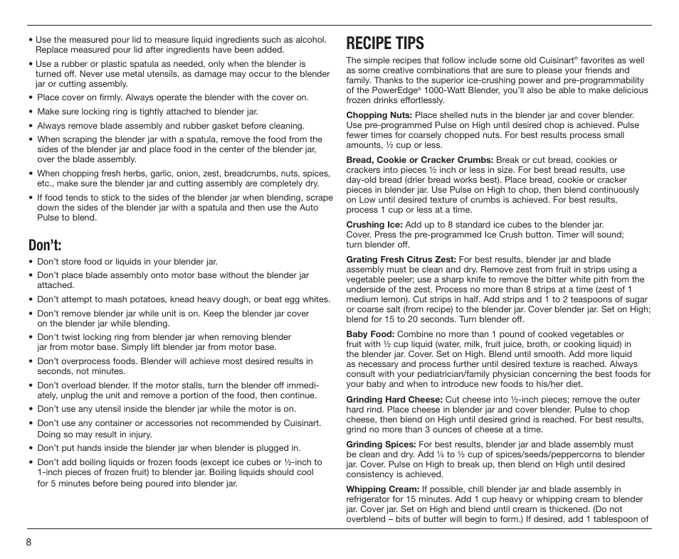 Recipe tips, Don’t | Cuisinart PowerEdge CBT-1000 Series User Manual | Page 8 / 29