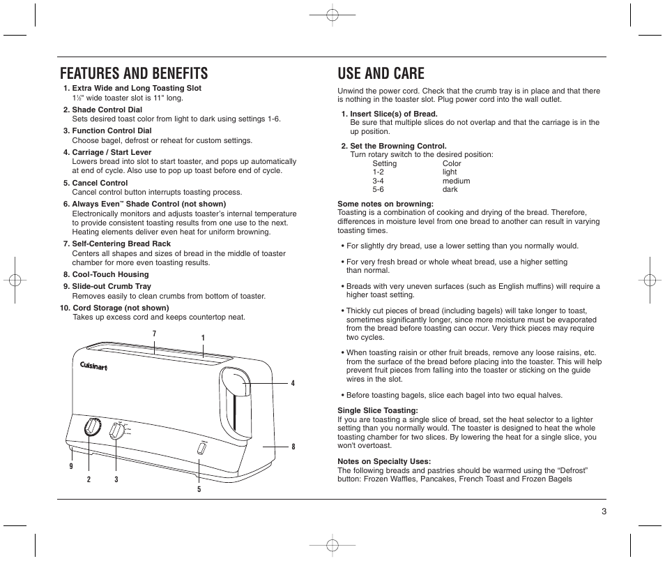 Features and benefits, Use and care | Cuisinart CPT-60M Series User Manual | Page 3 / 9