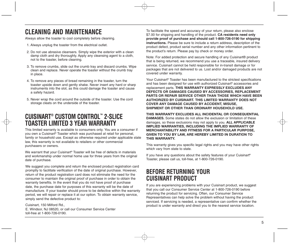 Cleaning and maintenance, Cuisinart, Custom control | Slice toaster limited 3 year warranty, Before returning your cuisinart product | Cuisinart CPT-60M Series User Manual | Page 5 / 9