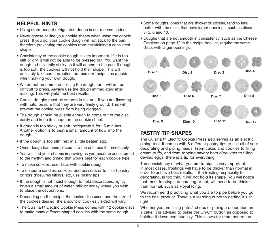 Helpful hints, Pastry tip shapes | Cuisinart CCP-10 User Manual | Page 5 / 21