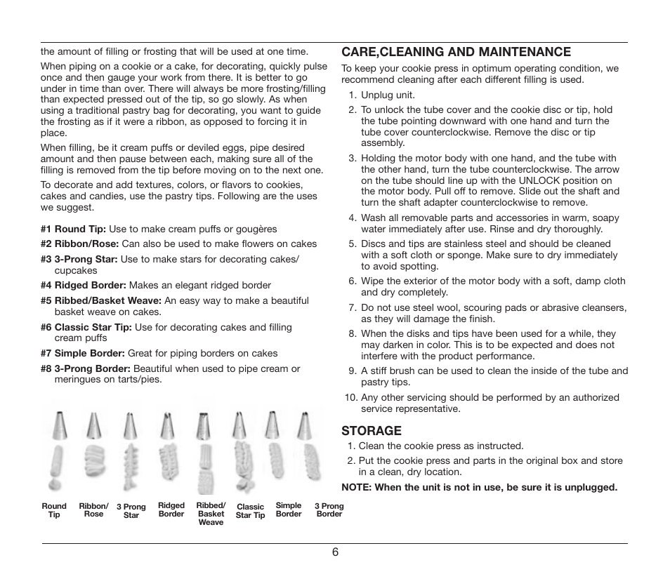 Care,cleaning and maintenance, Storage | Cuisinart CCP-10 User Manual | Page 6 / 21