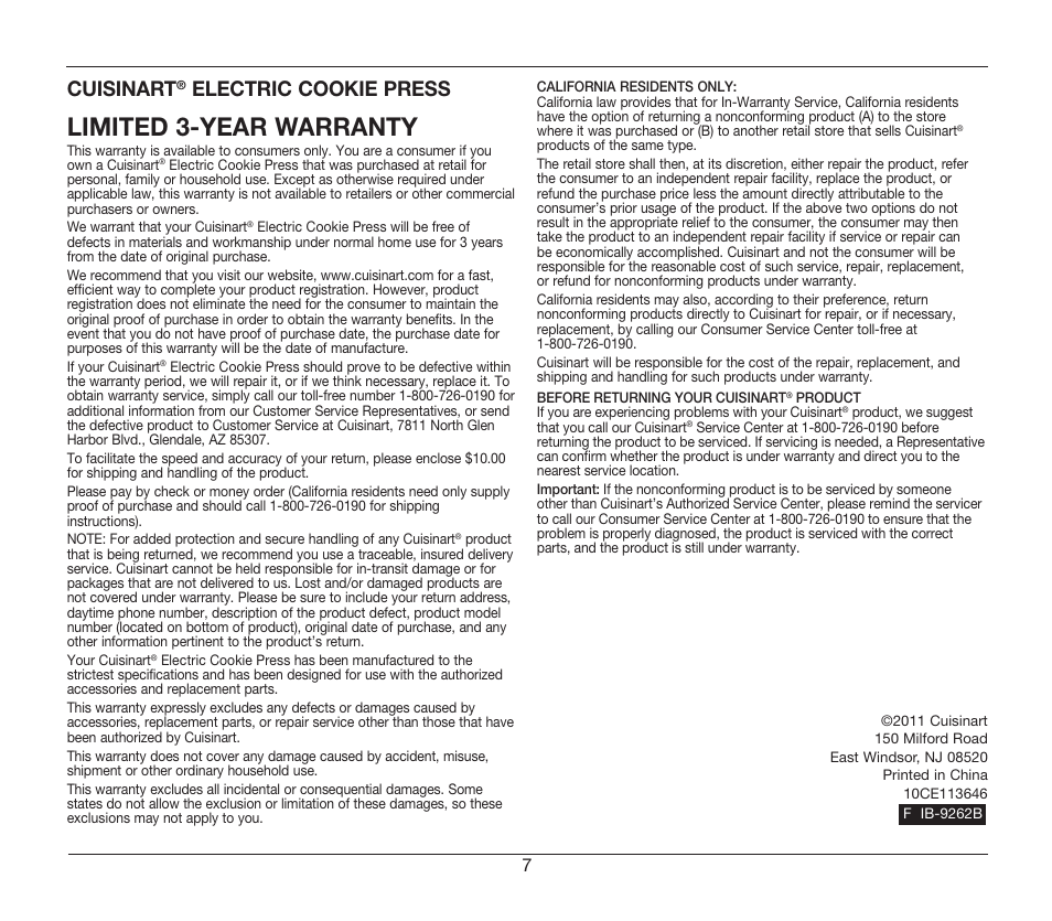 Limited 3-year warranty, Cuisinart, Electric cookie press | Cuisinart CCP-10 User Manual | Page 7 / 21