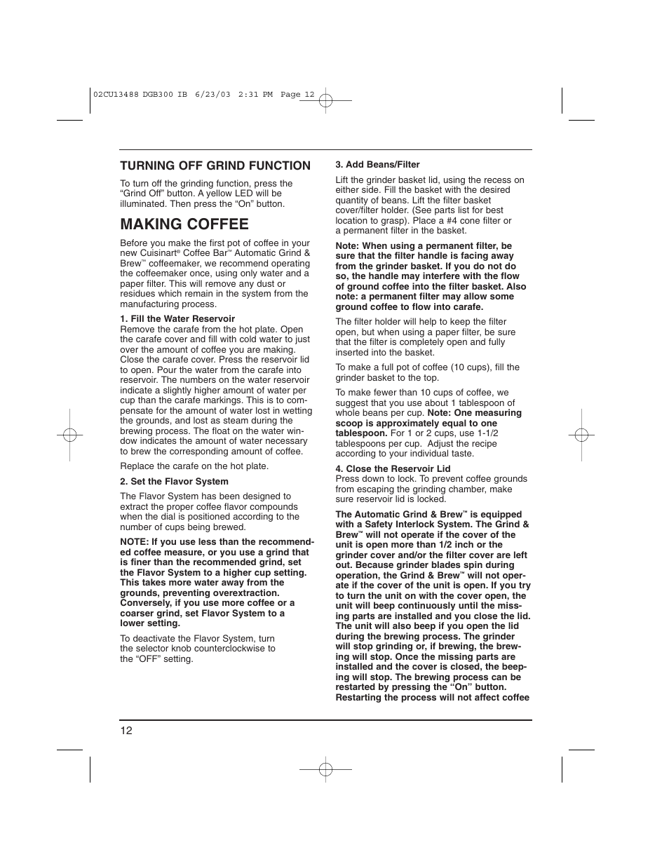 Making coffee, Turning off grind function | Cuisinart DGB-300 User Manual | Page 12 / 16