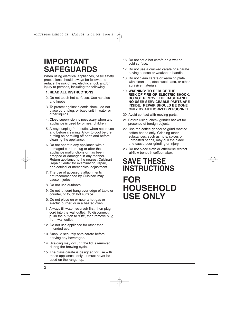 For household use only, Important safeguards, Save these instructions | Cuisinart DGB-300 User Manual | Page 2 / 16