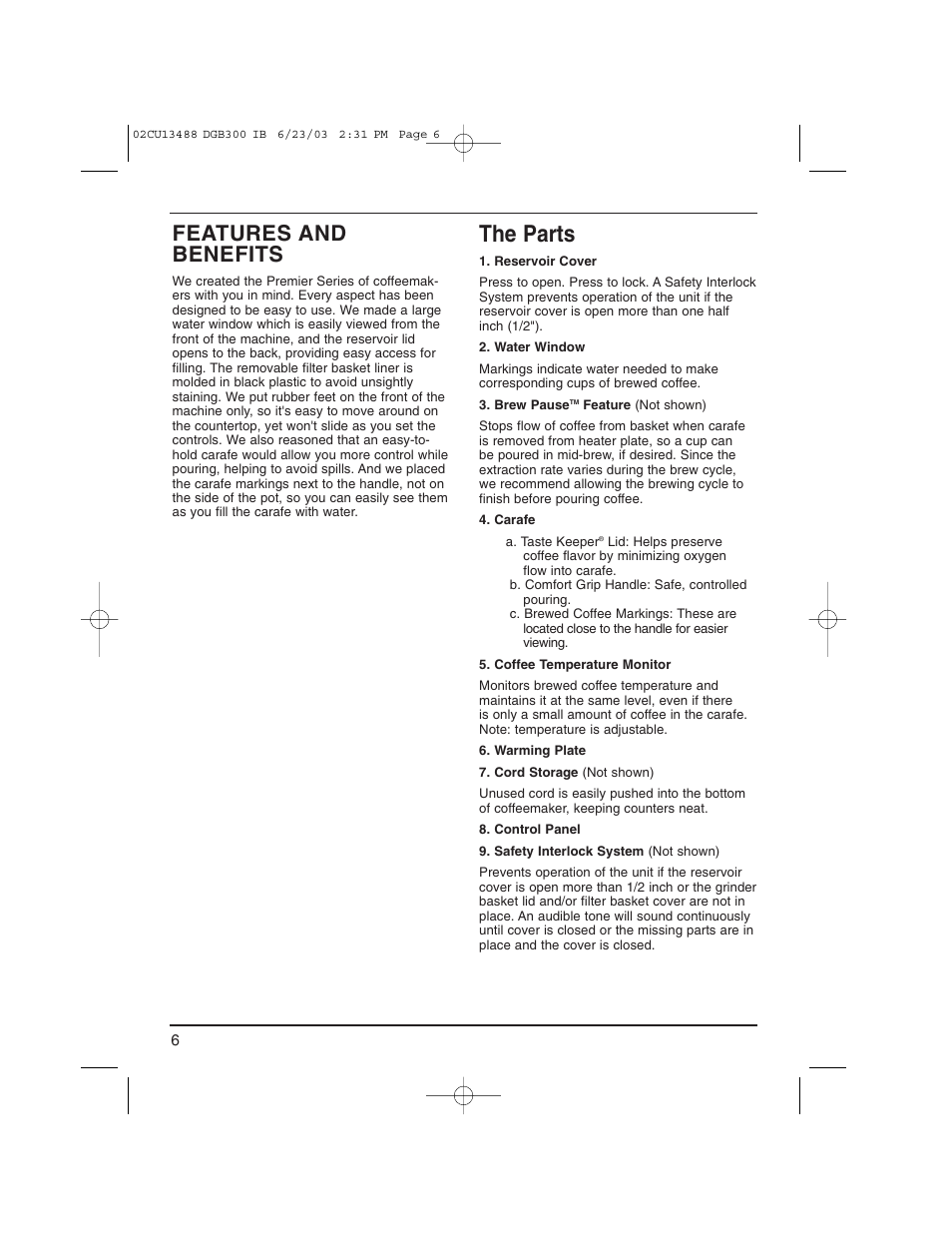 The parts, Features and benefits | Cuisinart DGB-300 User Manual | Page 6 / 16