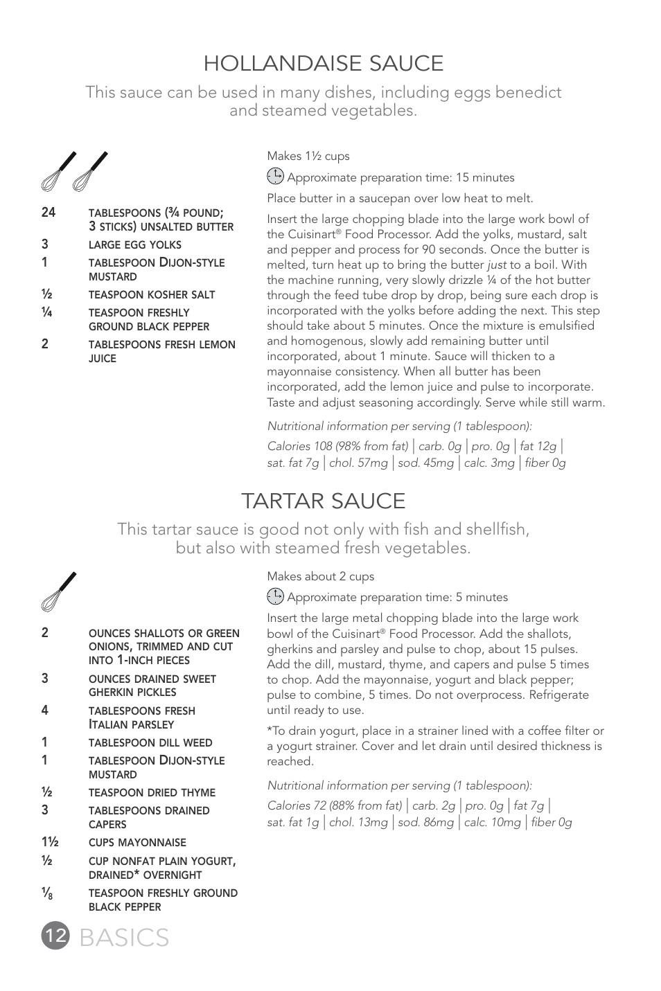 Basics, Hollandaise sauce, Tartar sauce | Cuisinart FP-12DC User Manual | Page 12 / 68