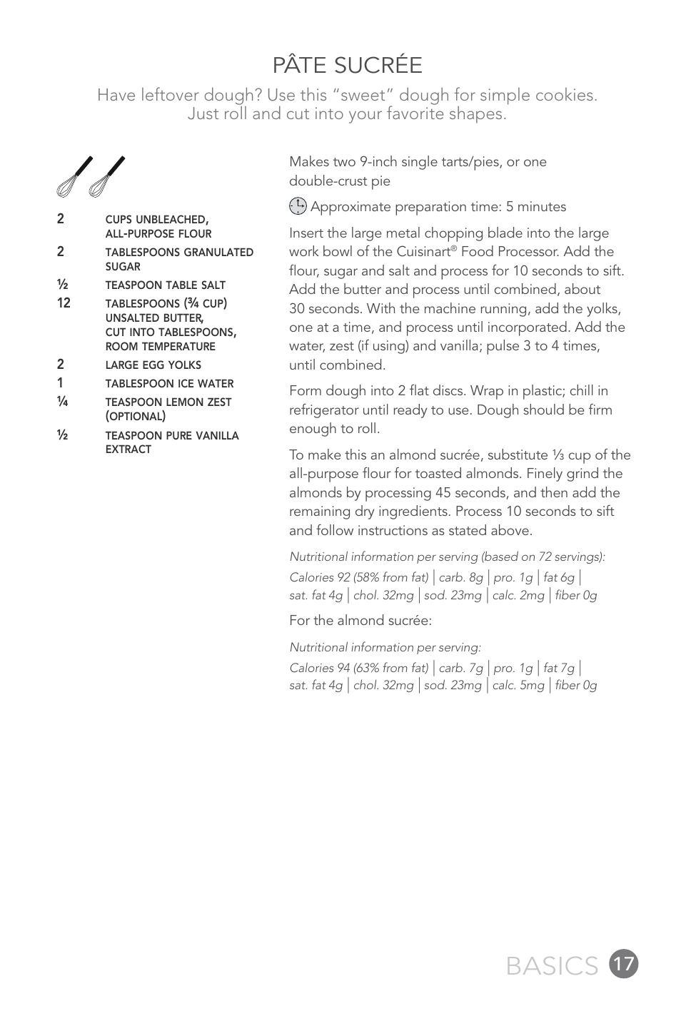 Basics, Pâte sucrée | Cuisinart FP-12DC User Manual | Page 17 / 68